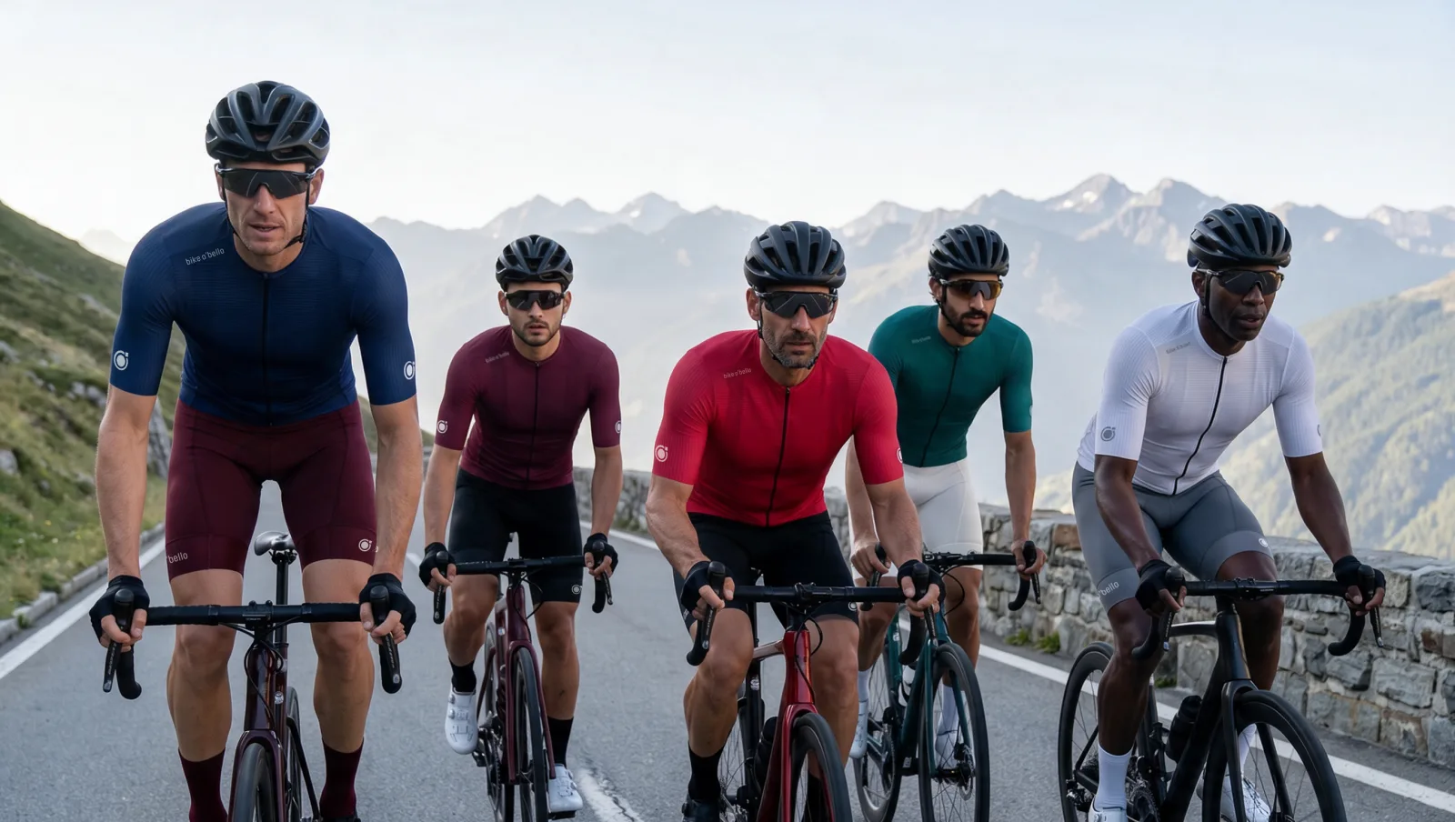 AI-generated campaign image for the Al Gusto collection: a group of riders in bike o'bello kit on a coastal road
